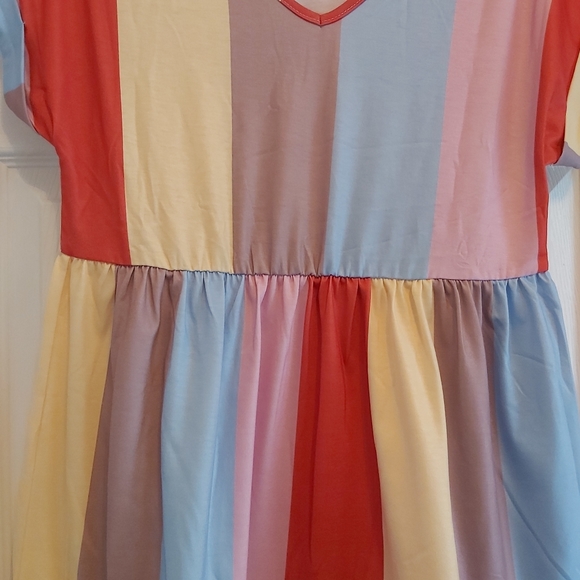 085. Red Multicolor Striped Color Block Tiered Mini Dress  Size S - Picture 7 of 14